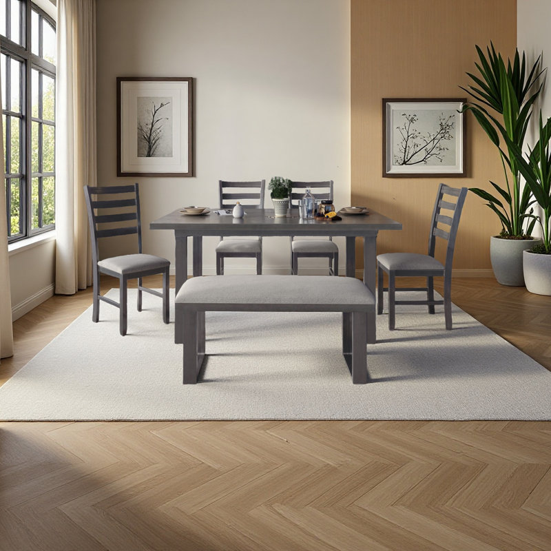 Ensemble de salle à manger en bois massif 6 pièces avec table rectangulaire et 4 chaises avec banc