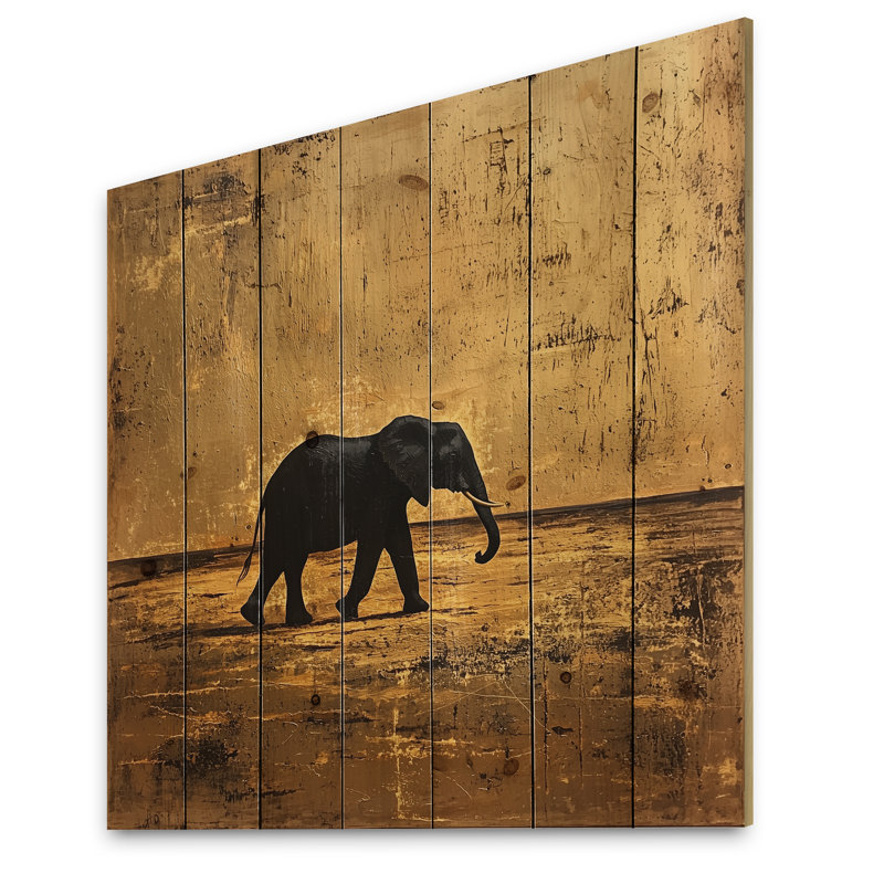 Éléphant doré dans le désert ouvert d'Afrique II - Éléphant, décoration murale en bois animal, H 15 po x l 15 po x P 0,78 po