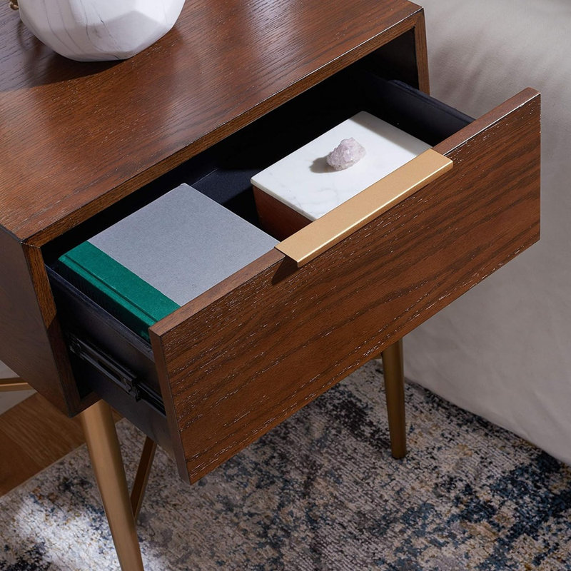 Elegant & Modern Sandoz 19'' W Nightstand –Oak Wood with Sleek Gold Metal Accents for Modern Bedroom, Walnut