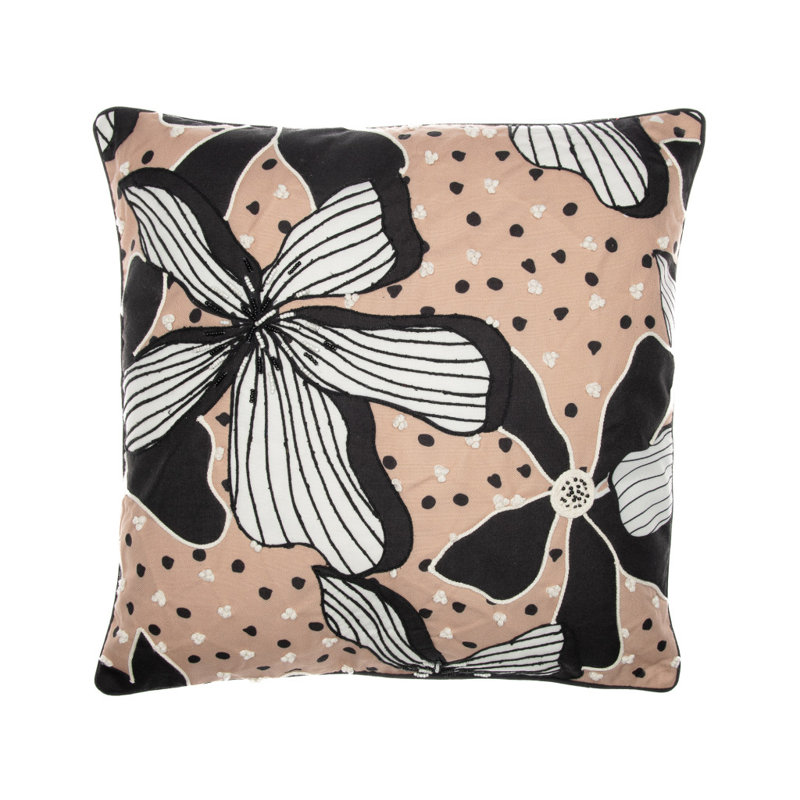 20" Beige and Black Embroidered Floral Polyester Throw Pillow