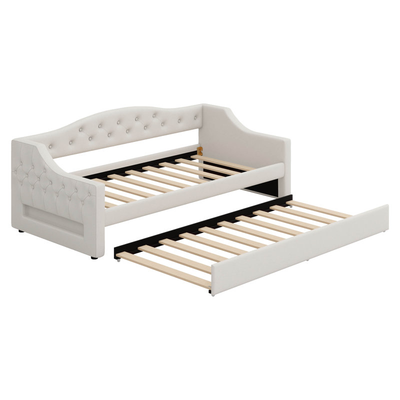 Lit de jour simple TG capitonné en lin - conception de canapé-lit, ceinture à DEL et lit gigogne inclus, Beige