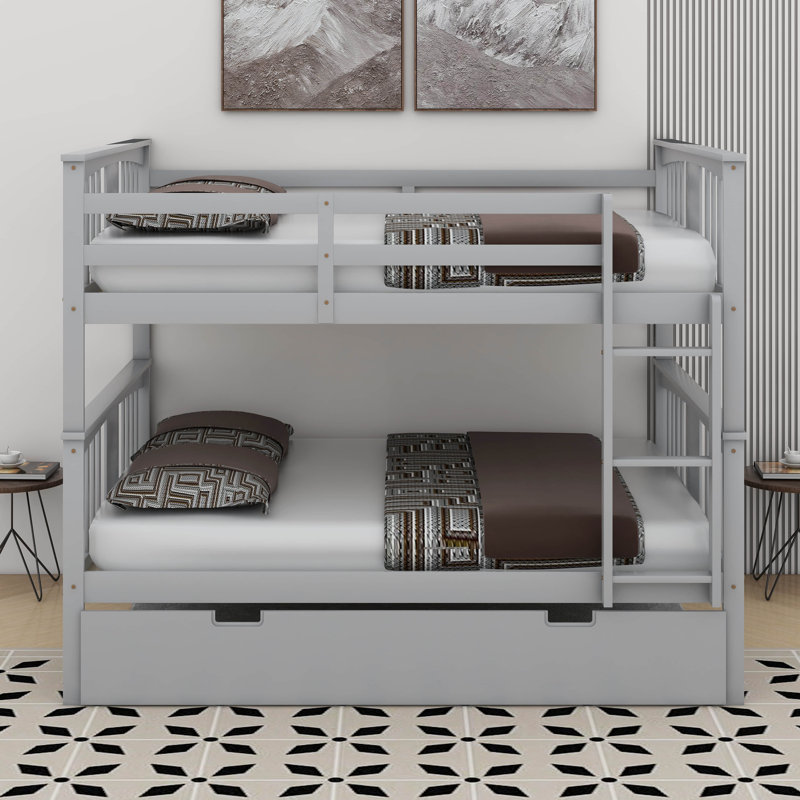 Full Over Full Bunk Bed With Twin Size Trundle And Ladder, Gray