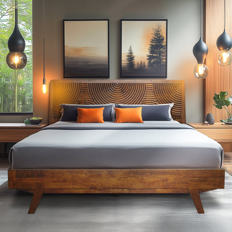 Structure de lit plateforme en bois massif avec tête de lit - Style moderne Mid-Century, grain de bois sculpté, assemblage facile avec outil intelligent, aucun sommier tapissier requis