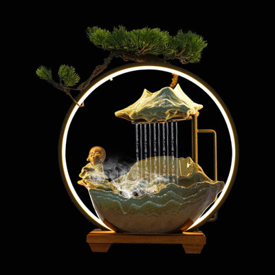 Tabletop Water Fountains, Feng Shui Decor For Good Luck, Wealth, Indoor Wateall With Mist And LED Light And Fake Plants For Meditation (Small -C)