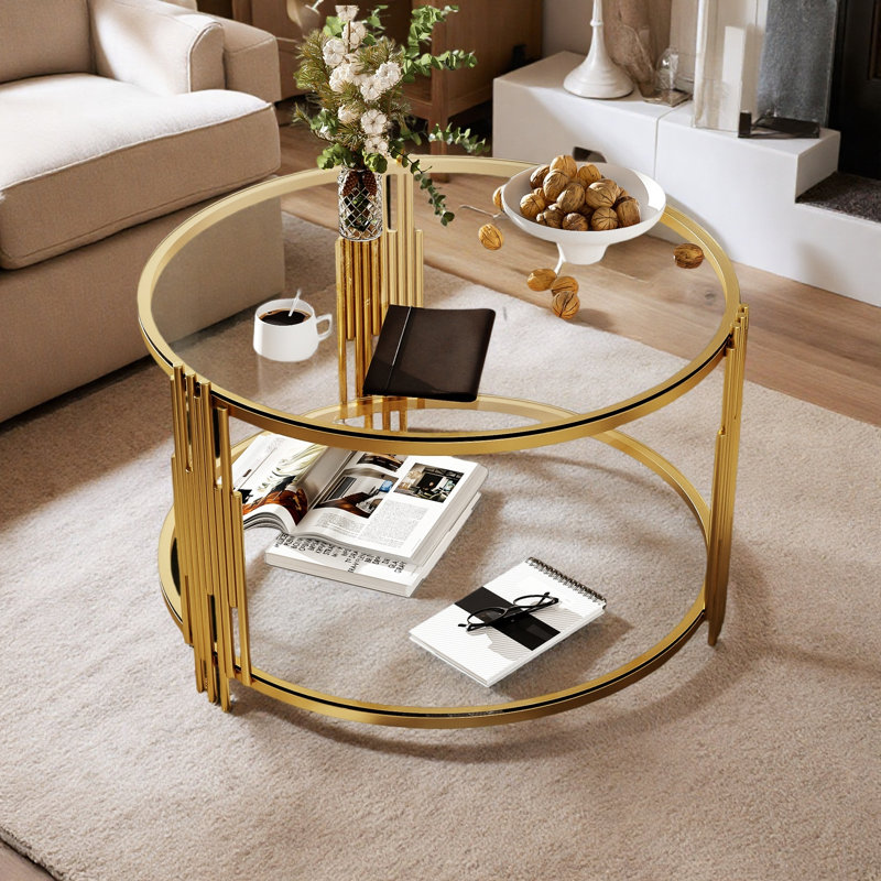 Table basse ronde moderne avec rangement inférieur, Clear/Gold