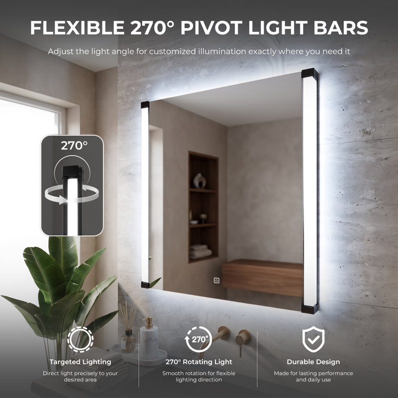 30" W x 36" H LED Bathroom Vanity Mirror with 270° Rotatable Light Arms, Adjustable Brightness & Color Temperature, Memory Function