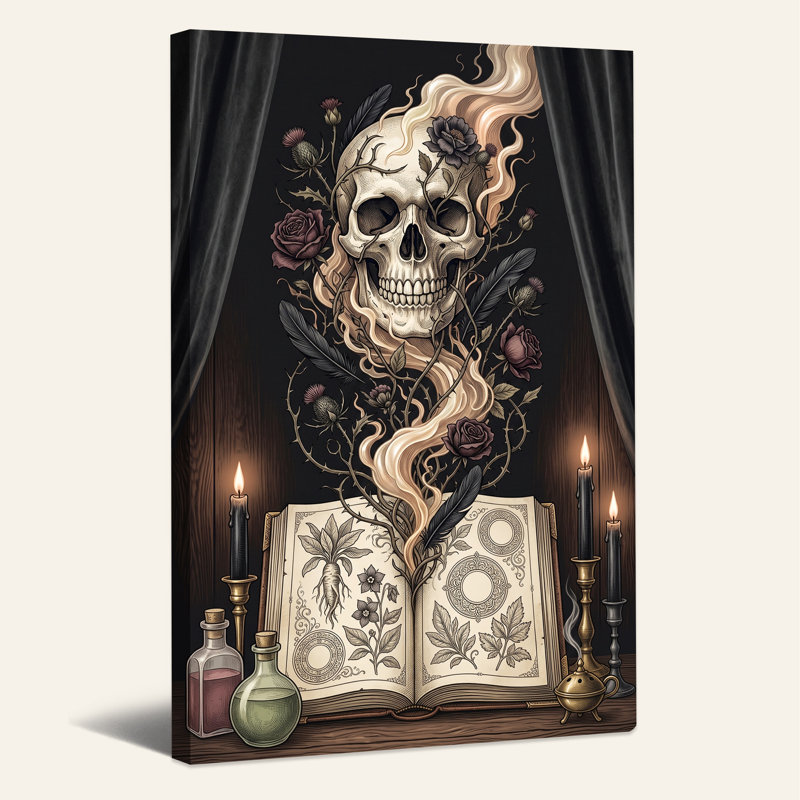 Art mural sur toile gothique crâne gothique avec bougies allumées et grimoire ouvert, H 18 po x l 12 po