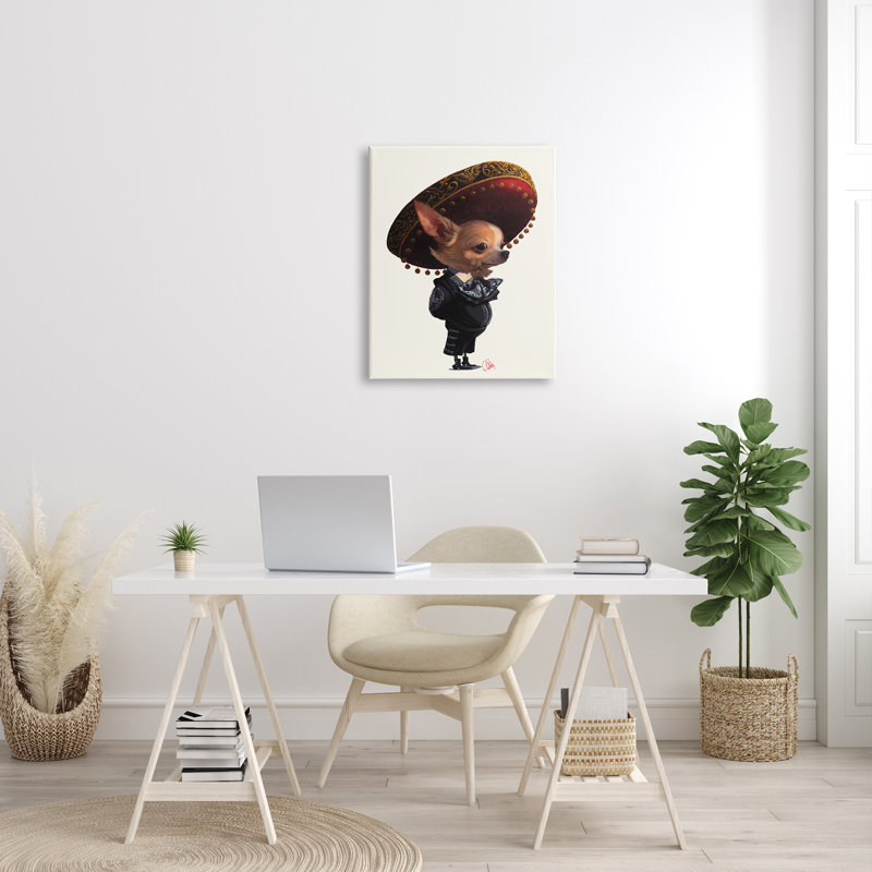 Mariachi Chihuahua avec Sombrero - impression, H 30 po x l 24 po x 1,5 po, Toile tendue