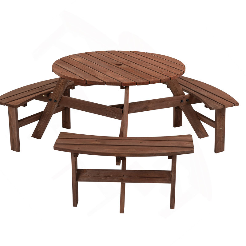 6-Person Circular Outdoor Wooden Picnic Table For Patio, Backyard, Garden, Built-In Benches, Brown