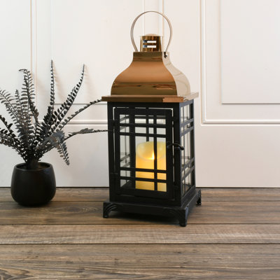 Metal Lantern with Flickering Flame LED Candle - Black with Copper Roof