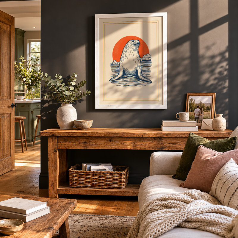 Seal Emerging at Dawn Coastal - Framed Print, A4 - 29.7 x 21.0 cm, White