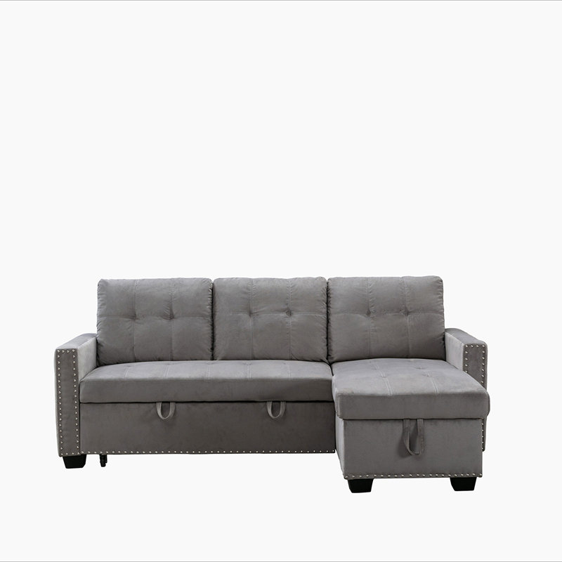 77" Reversible L-Shape Sectional Storage Sleeper Sofa Bed With Storage, Beige Velvet