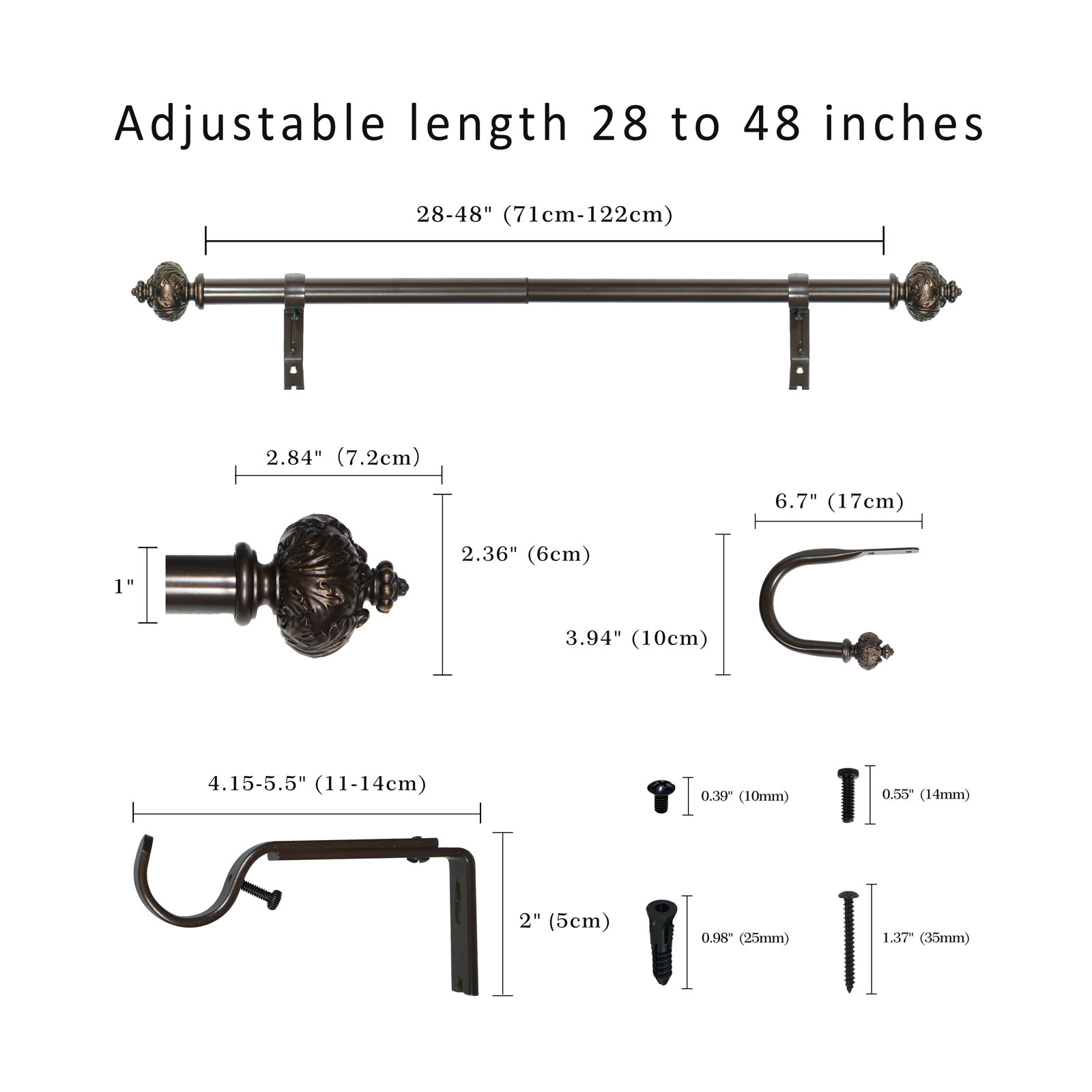 Seher Adjustable Overall Width x 1'' Diameter Single Curtain Rod, 28" - 48", Bronze