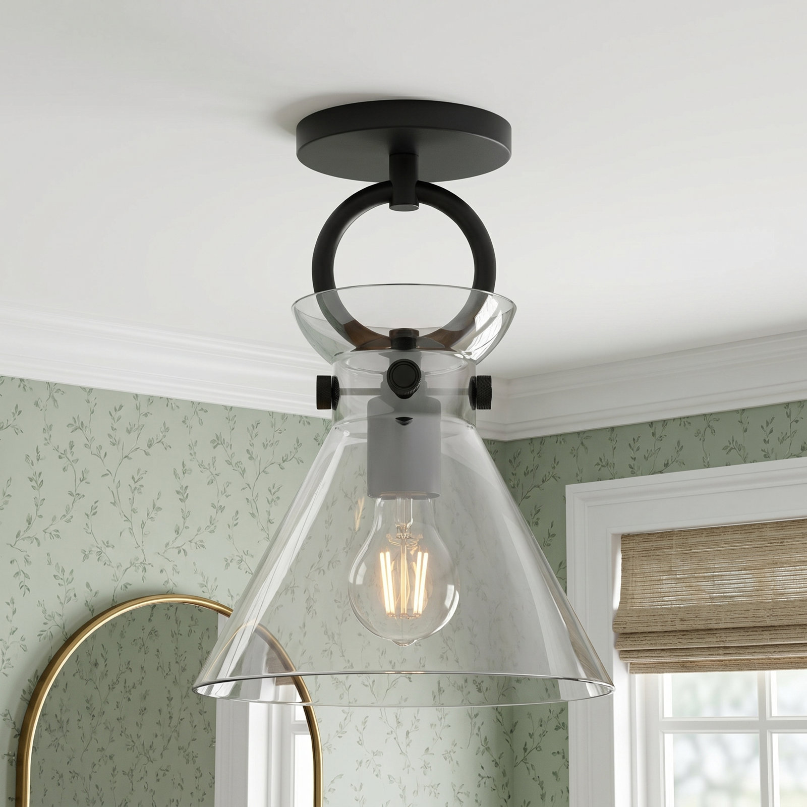 Tiney Single Light Glass Semi Flush Mount, Matte Black, Smoked