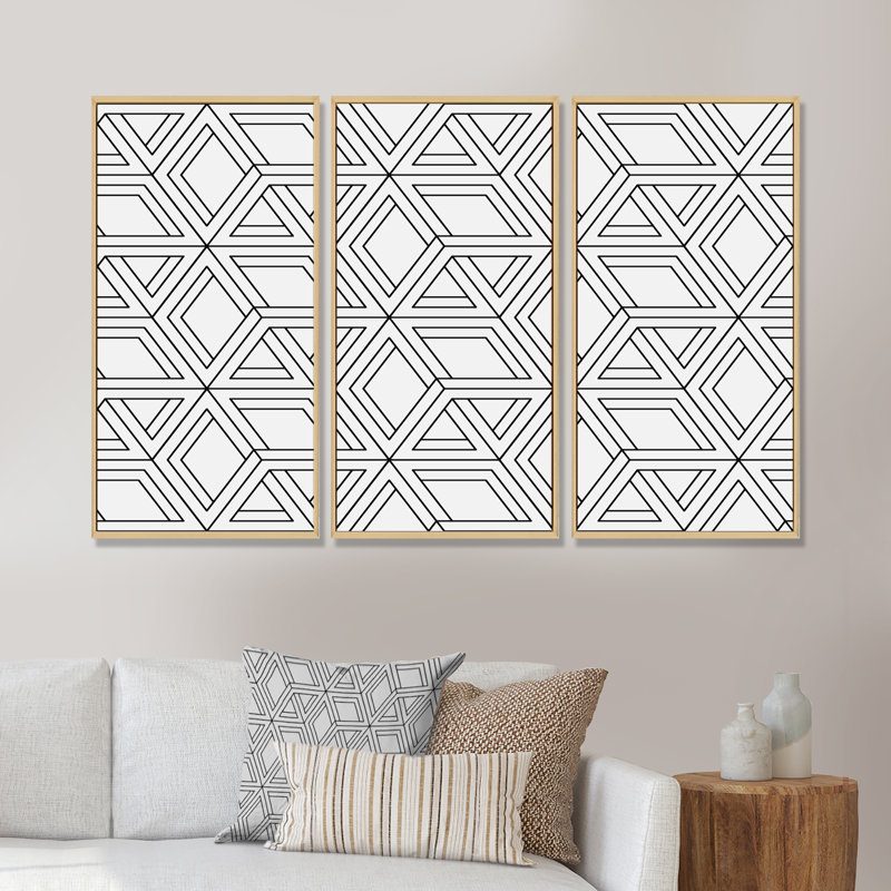 Art géométrique blanc et noir - ensemble de 3 reproductions d'art encadrées sur toile, 32" H x 48" W x 1" D, Brown