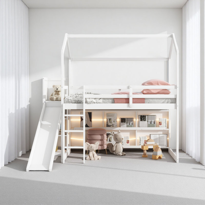 Lit mezzanine simple avec glissade, tablettes de rangement et rampe d'escalade, Blanc
