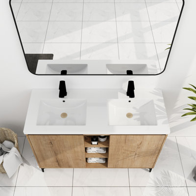 Lavabo double pour meuble-lavabo autoportant 48 po - touche moderne, charnière de porte, espace de rangement généreux, cuve en résine, couleur chêne imitation, largeur de fabrication en contreplaqué robuste, conception, charnières, grand espace de rangement,