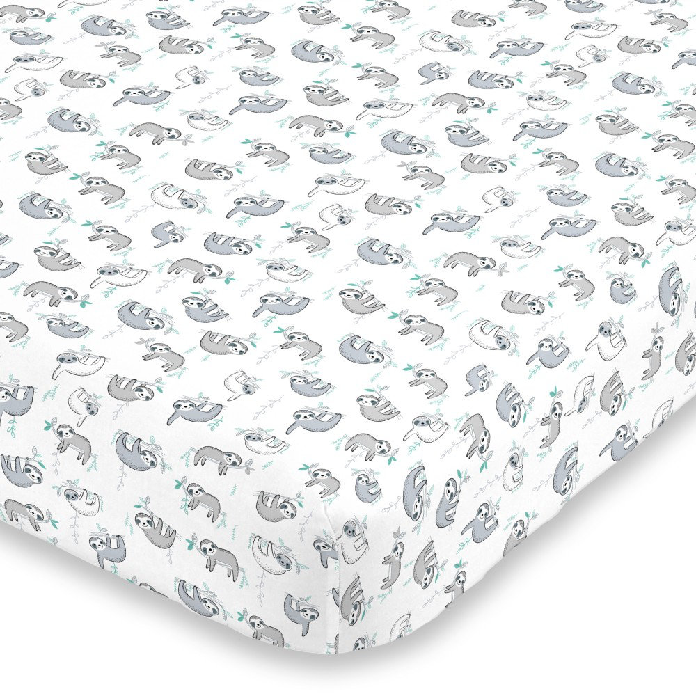 NoJo Super Soft Grey, White and Aqua Hagerty Sloth Fitted Crib Sheet Harriet Bee 
