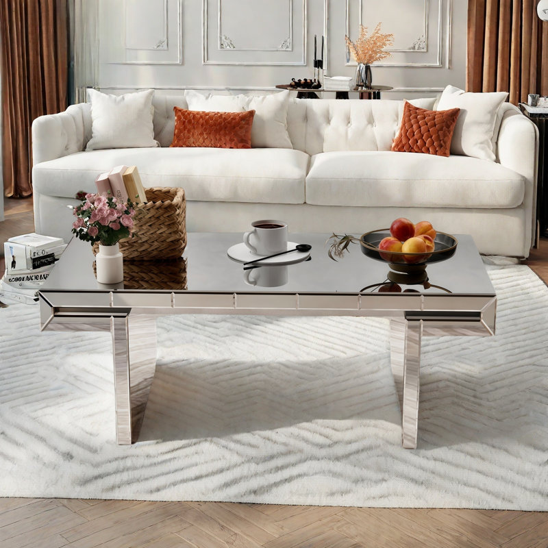 Luxury Rectangular Mirror Coffee Table With Fluted Tempered Glass And Rounded Edges