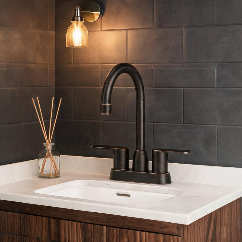 Robinet pour salle de bain 4 pièces en bronze huilé avec commande à deux poignées, bec pivotant à 360 degrés, robinet de salle de bain