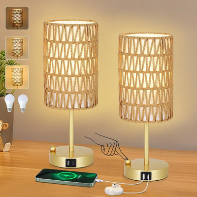 Rattan Nightstand Lamps, Touch Control USB Charging Ports Dimmable Table Lamps, 2-Pack