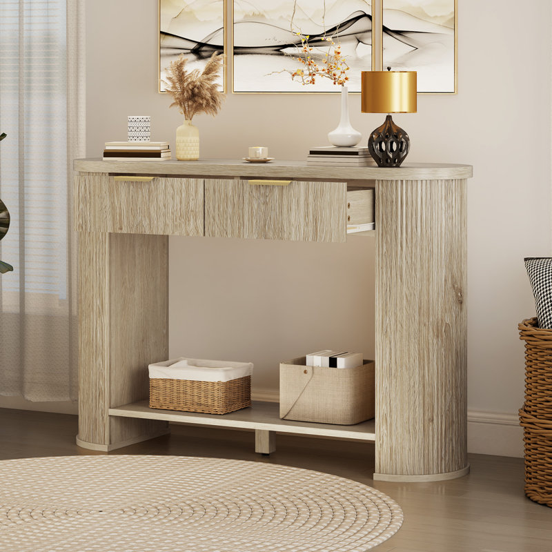 Fluted Console Table with Drawers and Open Shelf Semicircular Entryway Table in Oak Finish, Rounded Corners, Sturdy Wood Design