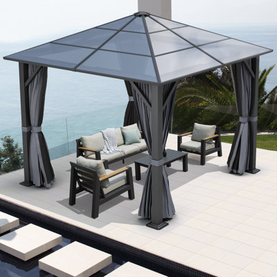 Patio Hardtop Steel Gazebo with Polycarbonate Roof, Curtains and Netting