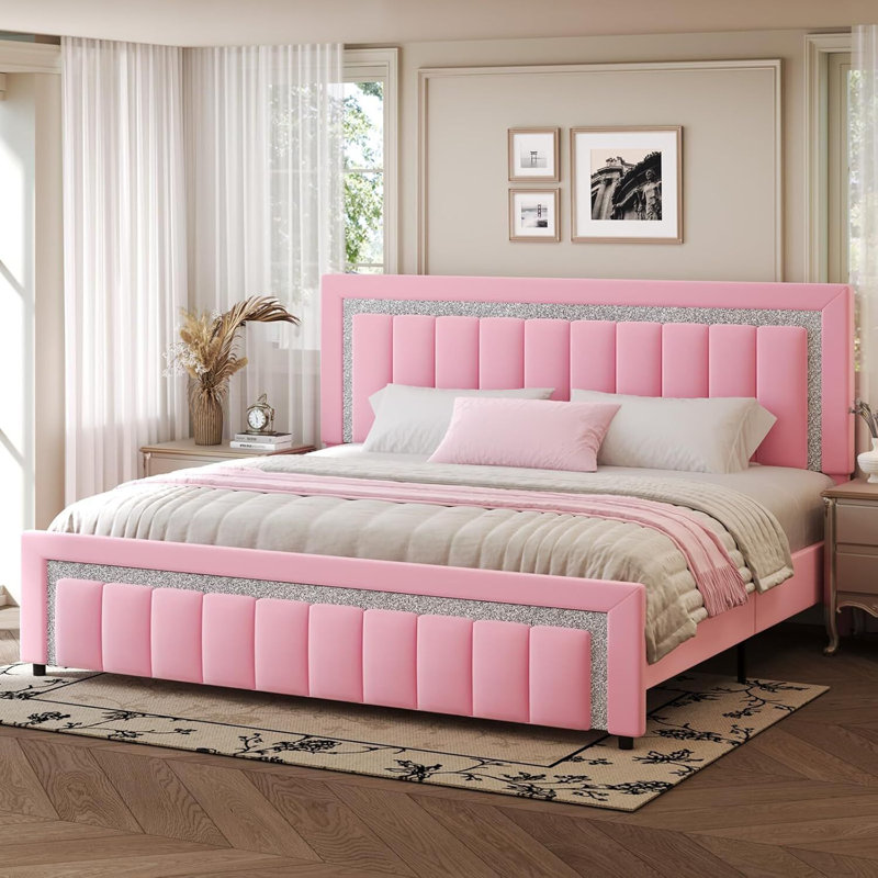 Velvet Upholstered Platform Bed Frame with Vertical stripes Headboard and Footboard and Footboard, King, Pink