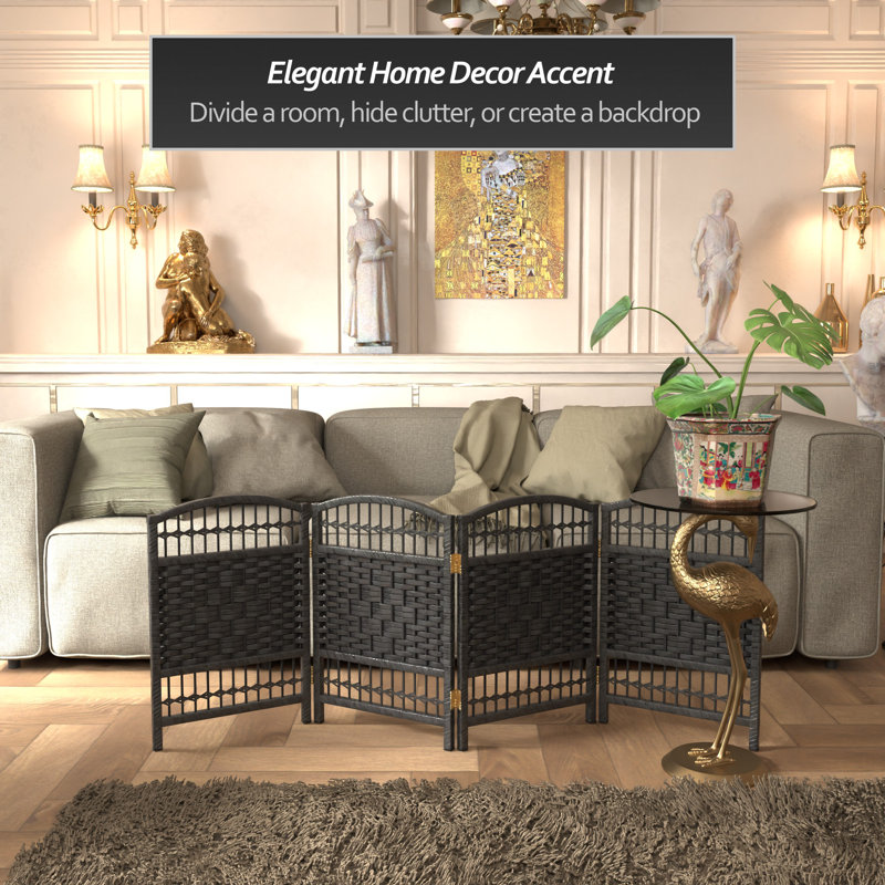 Short Fiber Weave Folding Screen, Black, 4, 23.5"H