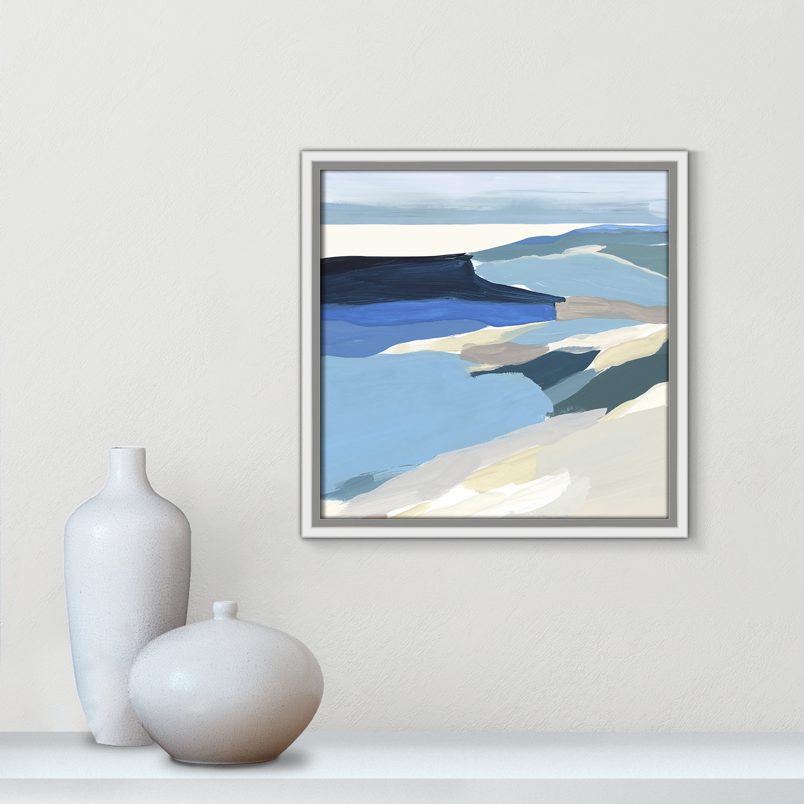 Decker "Graham Lake II" Painting, 13.5" H x 13.5" W x 2" D, White Framed Canvas