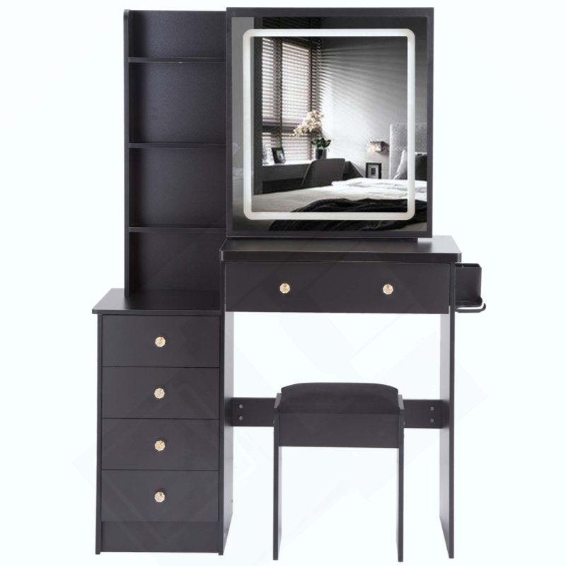 Middle Size Left Bedside Cabinet Vanity Table + Cushioned Stool Dresser Set, 2 AC+2 USB Socket, Hair Dryer Stand, Large Touch Control LED Sliding Mirror, 3-Color Switch, EPA, GCC, UL Certificate