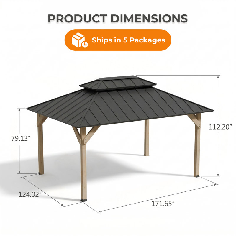 16 Ft. W x 12 Ft. D Outdoor Gazebo, Heavy-Duty Party Tent Shelter with Solid Wood Frame and Double-Layer Metal Ventilated Roof