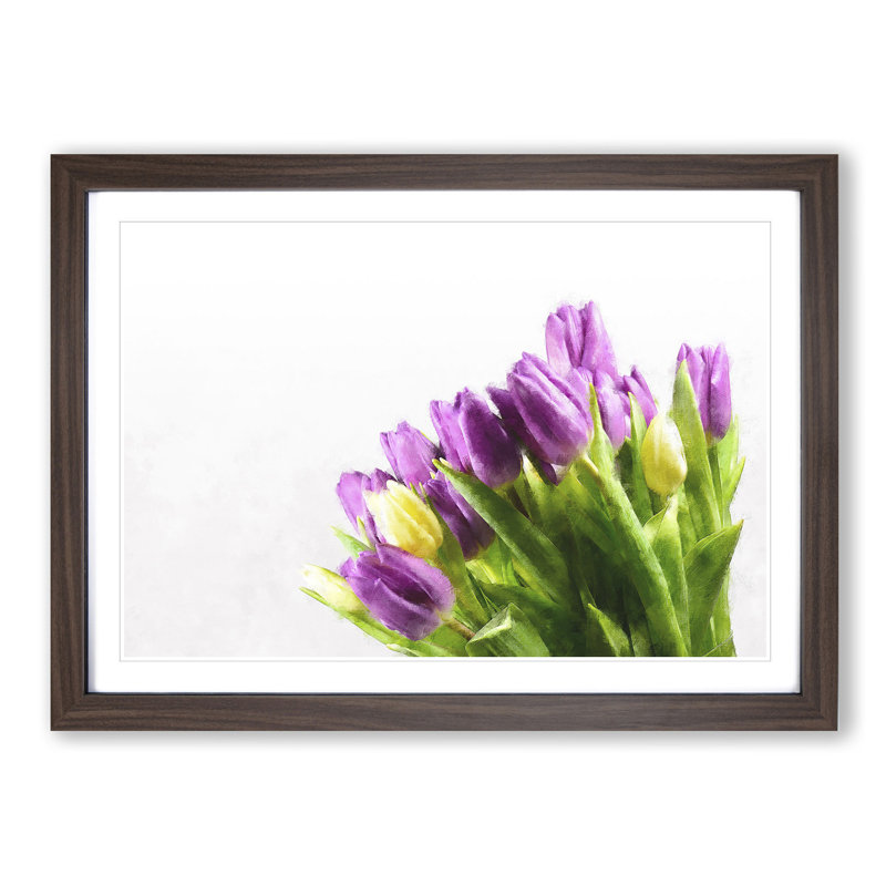 Yellow and Purple Tulips - Picture Frame Painting Print, 62cm H x 87cm W x 2cm D, Walnut Framed