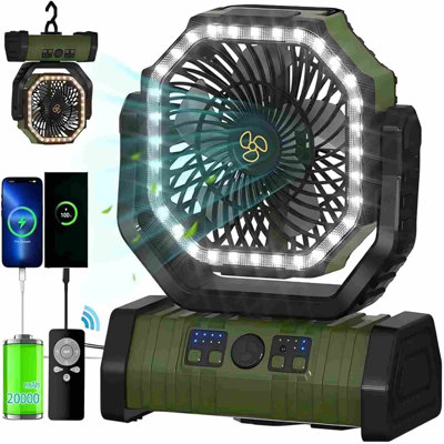20000mAh Rechargeable Oscillating Camping Fan with Dimmable LED Light, Battery Powered Portable Cordless USB Desk Fan with Remote Control, Timer Function & Hanging Hook for Tent, Beach, Outdoor Travel & Indoor Use