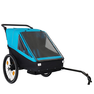Remorque et poussette 2 en 1 pour enfants pour 1 à 2 enfants, fonction de jogging, rangement compact pliable avec attache de vélo universelle, harnais à 5 points et sacs de rangement, bleu