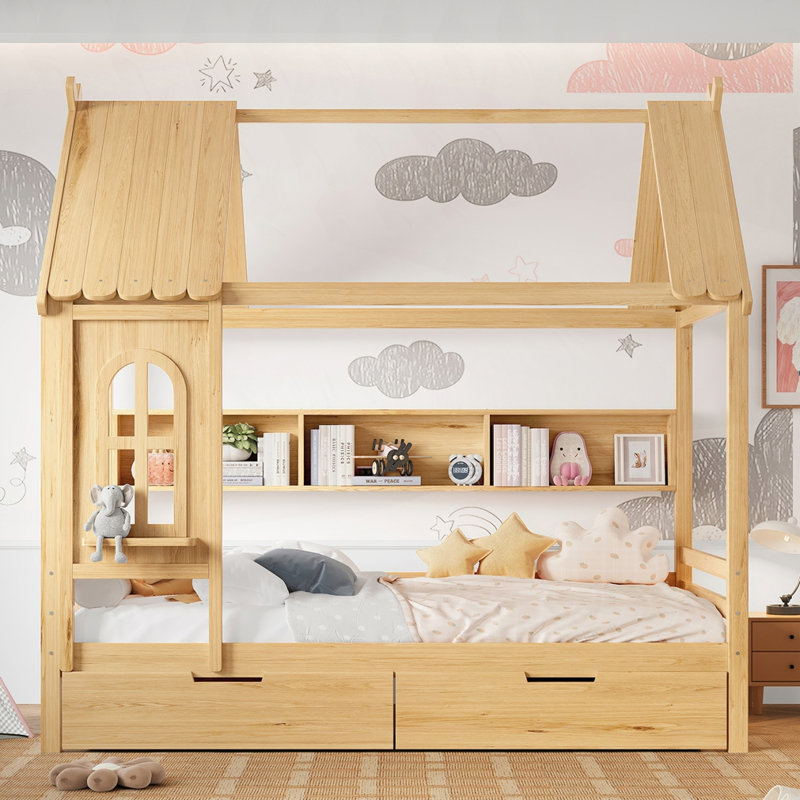 Lits de maison avec tiroirs de rangement et fenêtre, Complète, Naturel