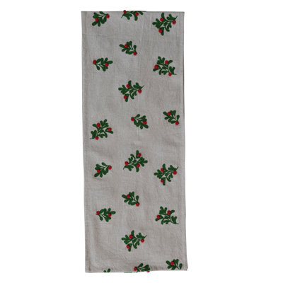 Cotton and Linen Table Runner with Embroidered Mistletoe and Pom Poms