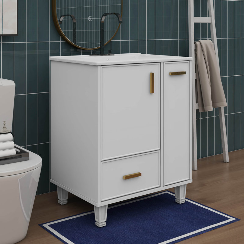 Meuble-lavabo de 24 po avec évier - offre un support de porte et un panier à deux niveaux, Blanc