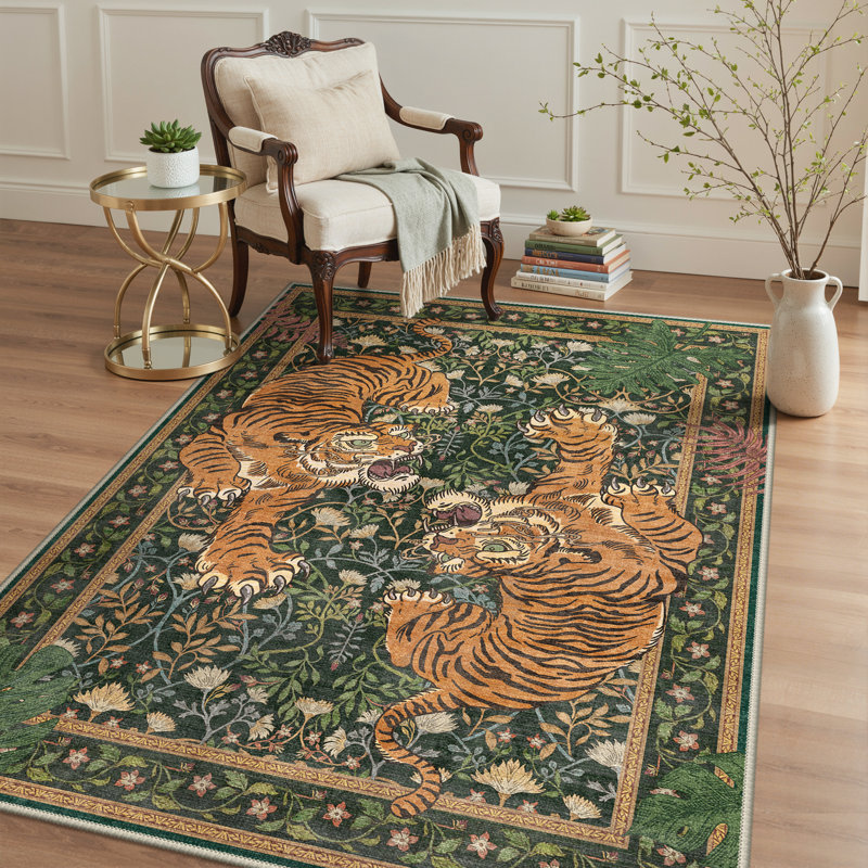Tapis lavable à la machine avec envers antidérapant Teiarra, Green, Rectangulaire 8 pi x 10 pi
