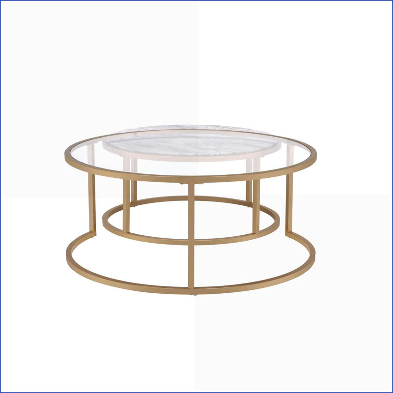 Ensemble de tables basses gigognes 2 pièces avec plateau en métal doré, faux marbre et verre transparent