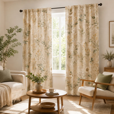 2Pcs Cotton Linen Blend Spring Floral Curtains, Vintage Botanical Patterned Modern Farmhouse French Country Light Filtering Curtain For Living Room Bedroom Kitchen Rod Pocket Window Drapes