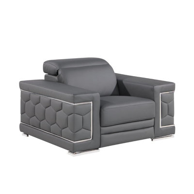 47" Granite Gray And Silver Genuine Leather Club Chair