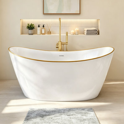 Baignoire de trempage autoportante en acrylique blanche autoportante l 59 po x P 29,5 po avec bordure dorée et bonde centrale