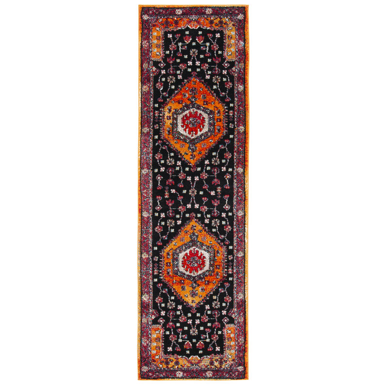 Tapis oriental orange / noir, Tapis de couloir 2 pi 3 po x 8 pi