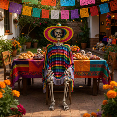 5.6Ft Life Size Posable Skeleton Halloween Day of the Dead Dia De Los Muertos Movable Jaw with Shawl Sombrero for Party Garden