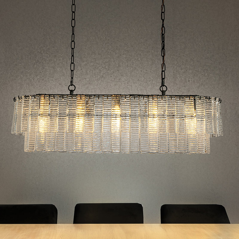 5-light 39'' Matte Black Rectangle Elegant Ribbed Glass Chandelier Vintage Art Glass Pendant Light For Dining Room Ktichen Island