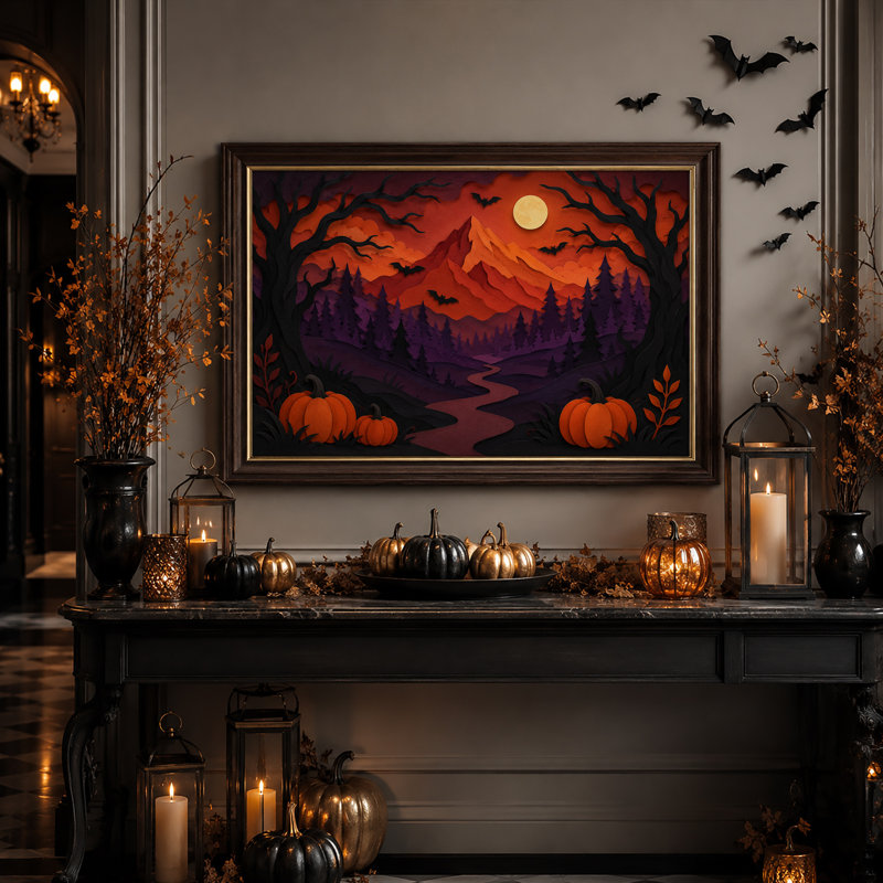Citrouilles en papier superposées et forêt avec montagnes - Toile murale d'Halloween, 12"H x 18"W