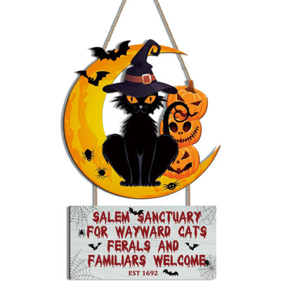 Vintage Halloween Decorations,Black Cat Sign Bat Wooden Plaques,Halloween Welcome Front Door Signs,Spiderweb Witch Hat Wood Hanger Halloween Pumpkins