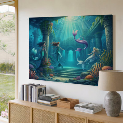 Impression sur toile sous-marine sirène avec ruines antiques et récif de corail vibrant pour le salon, la chambre à coucher, le bureau, le couloir, le vestibule, le mur de la galerie et la décoration intérieure moderne