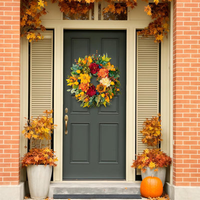 Couronne de récolte d'automne 24 po en soie avec pivoine Dahlia citrouille tournesol poire, décoration de porche intérieur-extérieur pour Halloween de l'Action de grâce